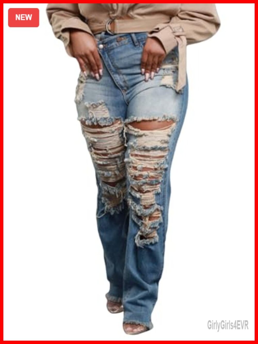High Waisted Distressed Ripped Skinny Jeans Asymmetrical Waist Stretch